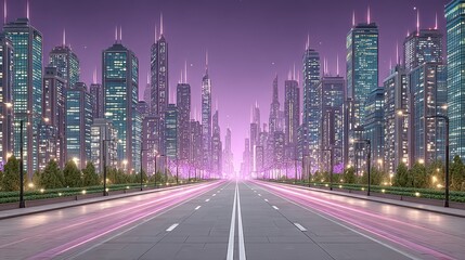 Fototapeta premium A futuristic cityscape at dusk shows an empty road leading to the horizon.