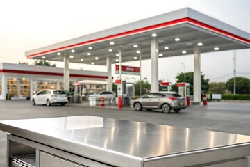 Stainless steel tabletop in focus with blurred gas station background. Ideal for showcasing products, fuel industry themes, automotive concepts, or transportation-related commercial displays.

