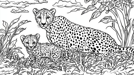 Obraz premium Line art illustration of a cheetah mother and cub in the African savanna.