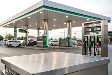 Stainless steel tabletop in focus with blurred gas station background. Ideal for showcasing products, fuel industry themes, automotive concepts, or transportation-related commercial displays.

