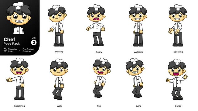 Animated Chef Pose Pack Vol.2, 9 Character Motions in Chibi Style, Loop Greenscreen 
