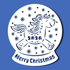 Snow globe with funny horse, snowflakes, Merry Christmas. Cute symbol of the Chinese New Year 2026. Vector template for plotter laser cutting of paper, fretwork, wood carving, metal engraving, cnc.