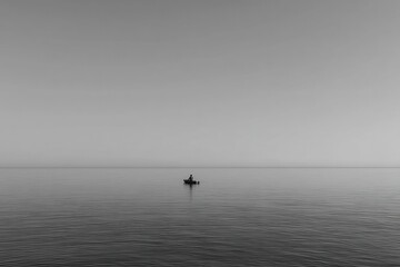 Fototapeta premium Serene Landscape of a Solitary Fisherman on a Calm Water Surface in Monochrome, Emphasizing Tranquility, Reflection, and Isolation in Nature's Embrace