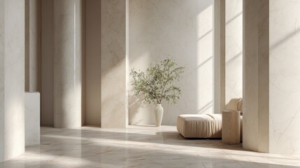 A white room with a vase of flowers on a pedestal