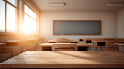 Empty classroom with wooden desk and sunlight shining through