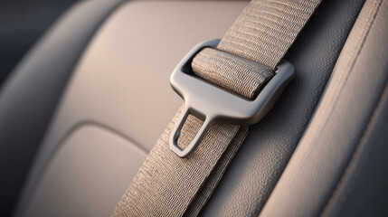 Car seatbelt close up with safety buckle on leather seat