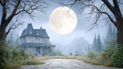 Obraz premium An old spooky mansion stands under a large full moon in a foggy landscape