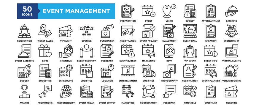 50 Event Management icon set. Containing design event, business, management, corporate, meeting	