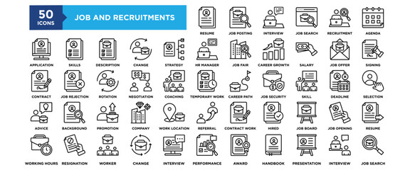 50 Job Recruitment icon set. Containing design career, job, employee, recruitment, business, interview, hiring	