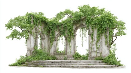 Obraz premium Ancient ruins overgrown with lush green foliage stand majestically alone.