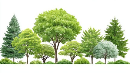 Various types of green trees with lush foliage are isolated on white plain.