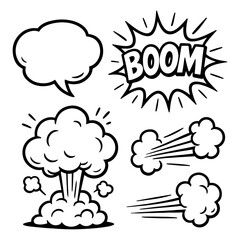 Vector Comic Cartoon Burst Smoke Boom and Motion Line Elements Set