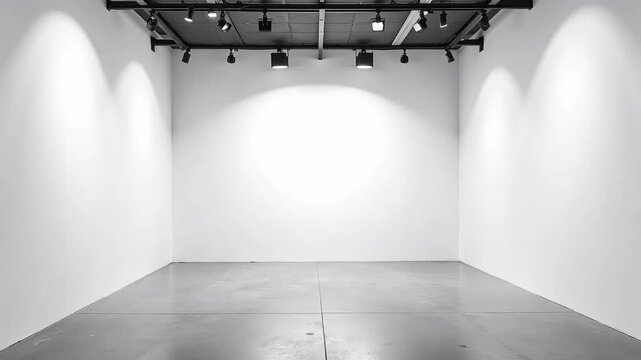 Minimal monochrome scene shows an empty white room lit by track lights and finished with concrete floor conveying gallery style useful for product mockups fashion posters or subtle background loops HD