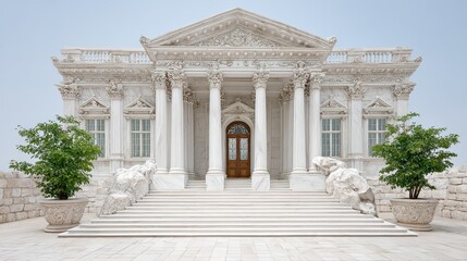 Obraz premium An elaborate white marble building with pillars stands under a clear sky.