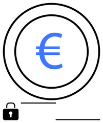 Euro symbol in circular design representing currency, security lock for finance, digital transactions, banking, online payments, data safety, monetary systems, simple landing page