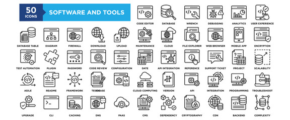 50 Software and Tools icon set. Containing design technology, design, computer, digital, application, developer	