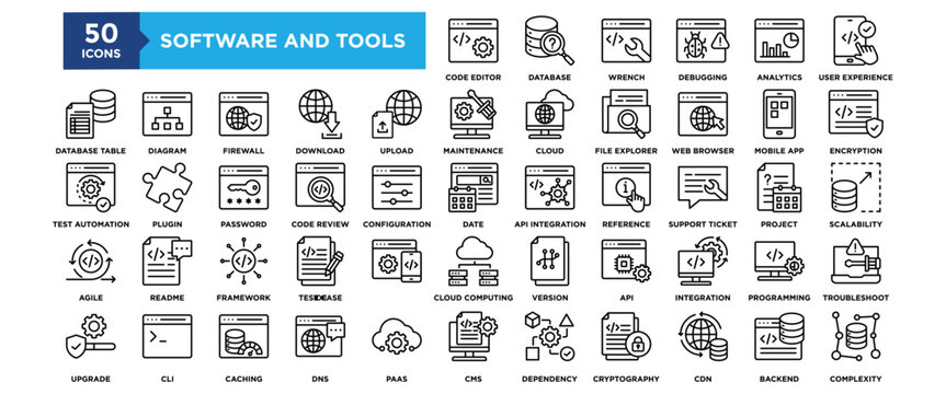 50 Software and Tools icon set. Containing design technology, design, computer, digital, application, developer	
