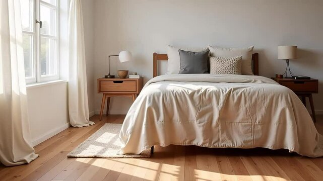 Peaceful bedroom interior shows a bed with pillows beside tables while white curtains frame the window creating a zen scene ideal for hotel promos sleep tips health blogs or soft calm background loops
