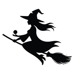 Black vector silhouette of a witch flying on broom on white background