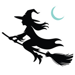 Black vector silhouette of a witch flying on broom on white background