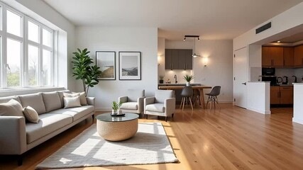 Living room in bright natural light pairs sofa chairs and table beside kitchen and large window creating a scene ideal for interior tours home staging ads food videos family vlogs or lifestyle scenes.