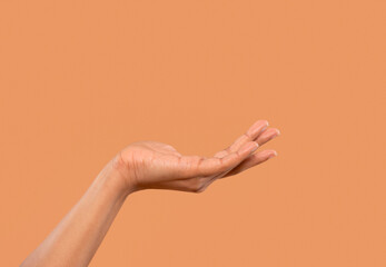 Hand extending with palm up against simple brown background showcasing an open gesture inviting...