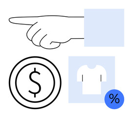 Hand pointing gesture, dollar symbol, t-shirt icon, and percentage badge. Ideal for retail, discounts, price tags, e-commerce, sales shopping simple landing page