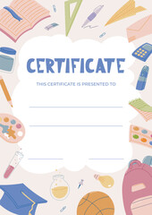 Colorful Vector School Diploma Certificate Template for Kids with Educational Elements. Award or Achievement Document Cartoon Design with Stationery, Sports, and Science Icons.
