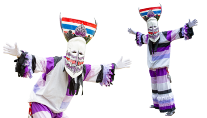 Phi Ta Khon Carnival Mask in Thailand, isolated on white background.