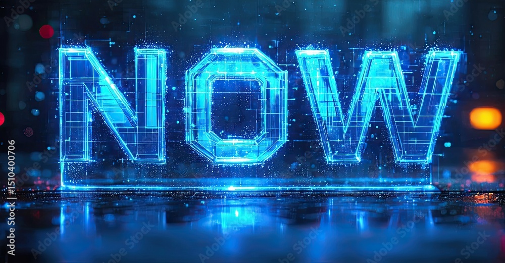Poster bright neon word now constructed from glowing blue grid lines. reflective surface creates dynamic vi