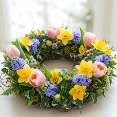 Obraz premium Pastel Spring Flower Wreath Tulips Daffodils Hyacinths