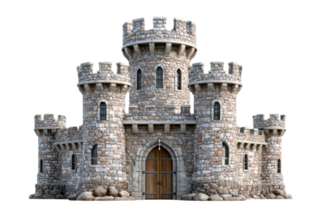 This stone castle features multiple towers and a sturdy wooden gate
