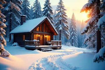 Cozy cabin nestled deep within a snowy winter wonderland, perfect for a tranquil woods holiday escape Enjoy the serenity of nature's beauty , escape, holiday getaway