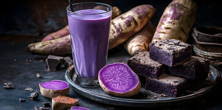 frothy ube latte with brownies and fresh purple sweet potatoes on purple background
