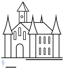 Obraz premium Castle with tall towers, arched windows, and geometric design. Ideal for history, architecture, real estate, fantasy themes, education, travel decoration simple landing page