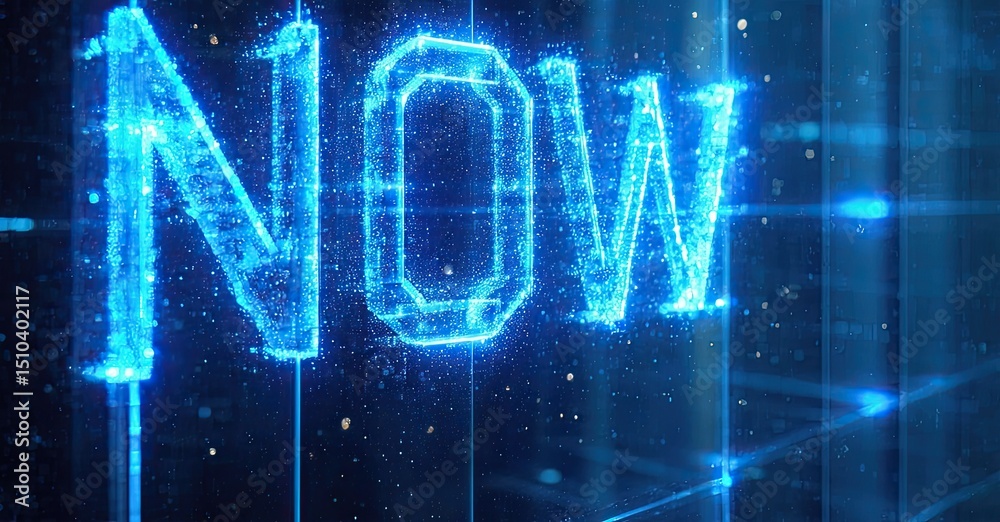Poster bright blue now text glows against dark background. digital lines create futuristic effect. intense 