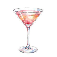 Watercolour Illustration of Cosmopolitan Cocktail Drink on Transparent PNG Background