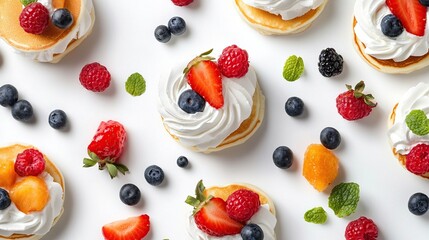 Mini pancakes topped with whipped cream and assorted berries, arranged on a white background