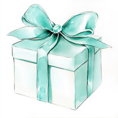 Turquoise Gift Box with Ribbon – Watercolor Holiday Illustration, Ideal for Christmas, birthdays, luxury packaging designs, or festive greeting cards