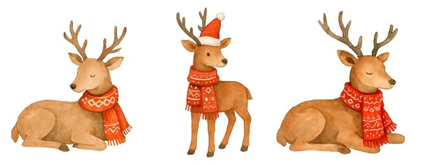 Freehand christmas set of minimalistic children's watercolor illustrations of deer isolated on a white background. Hand drawn reindeer watercolour clipart for design. © Julia