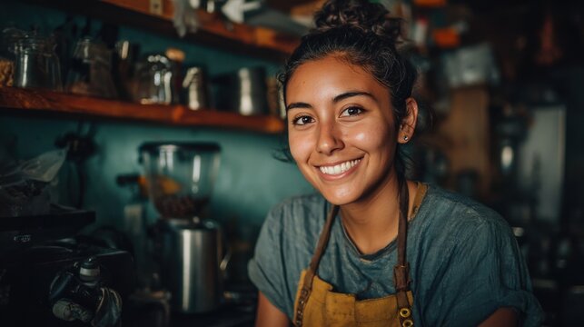 A woman with long hair is smiling and standing in front of a coffee machine