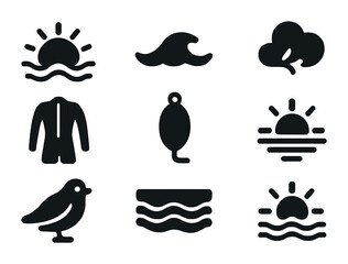 Early Morning Swim Icons. Solid, filled icons set of early morning ocean swims: rising sun, calm wave, breath