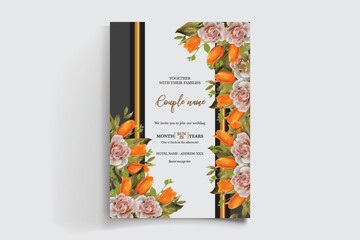 WEDDING INVITATION FRAME WITH FLOWER DECORATIONS AND FRESH LEAVES