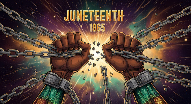 Juneteenth 1865 Illustration with Hands Breaking Chains – Afro-Futuristic Style