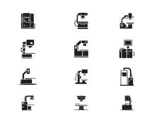 set of icons depicts various medical imaging equipment, including X-ray machines, C-arms, and operating room consoles on white