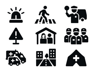Emergency Icon Grid. Solid, filled icons set of hospital outdoor emergency scene: flashing lights, crosswalk,