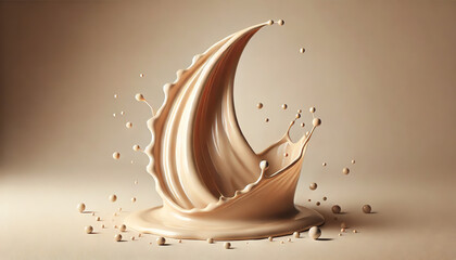 A dynamic splash of beige liquid foundation against a soft beige background