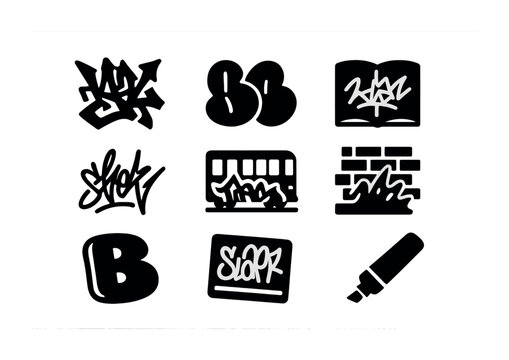 Graffiti Icon Set. Solid, filled icons set of graffiti culture elements: wildstyle letter, throw-up tag,