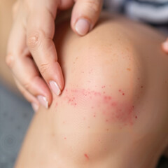 Fototapeta premium Woman applying soothing cream to injured knee with redness 