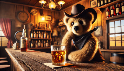 A cowboy bear wearing a cowboy hat with a glass of whiskey, sitting at the rustic wooden bar in an old-fashioned Western saloon